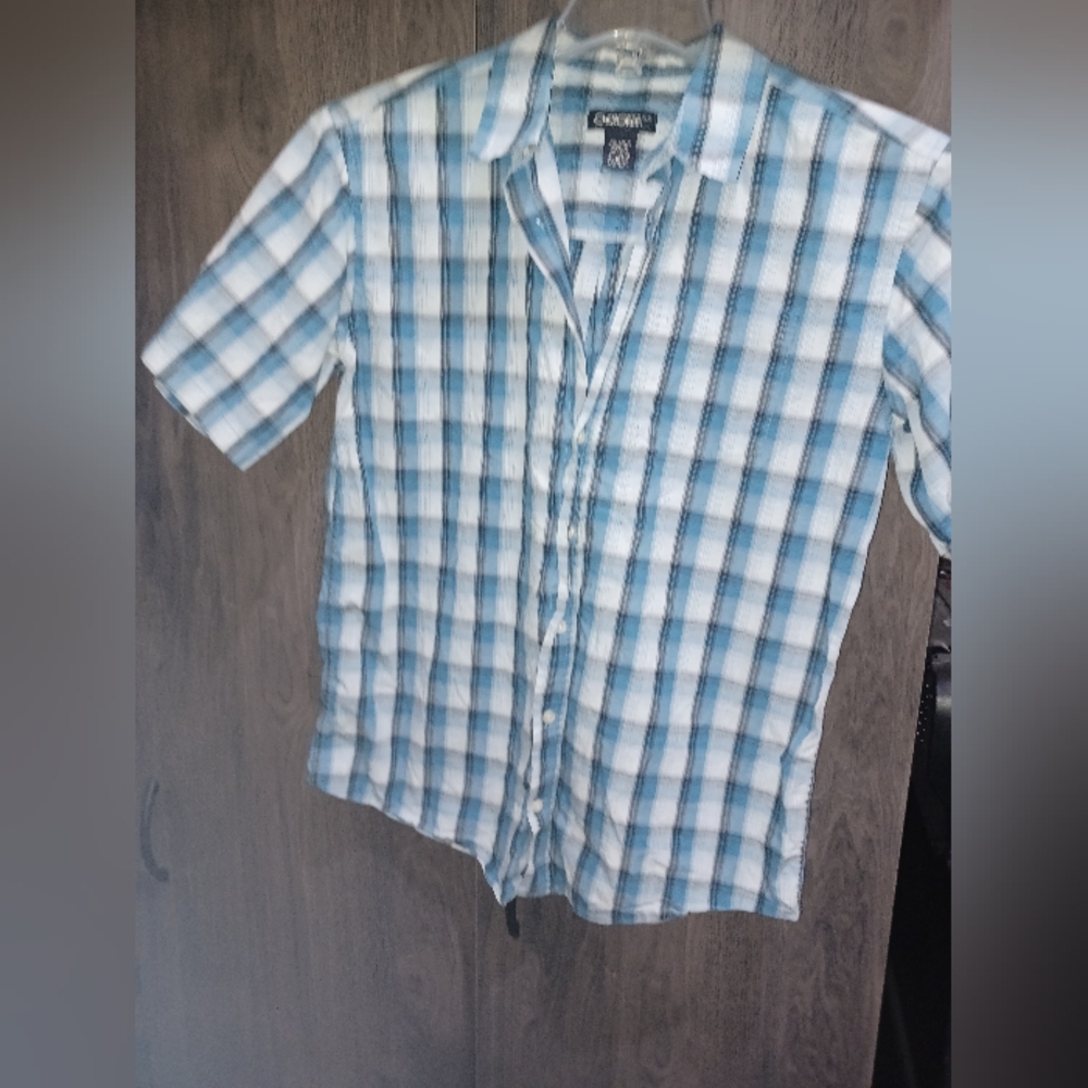 Blue and White Plaid Short Sleeve Shirt